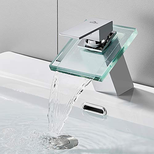 AuraLum Grifo Lavabo Cascada con Vidrio Transparente, Mezclador Monomando Lavabo de Latón, Grifo Baño con Válvula De Cerámica, Agua Fría y Caliente Disponible, Cromado…