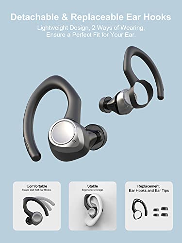 Auriculares Inalambricos Bluetooth 5.1 Deportivos, IPX7 Impermeable Cascos Inhalabricos Sport con 2 Tipos Ganchos de Oído, Sonido Estéreo Auriculares In Ear, Carga Rápida USB-C, para Correr, Deporte