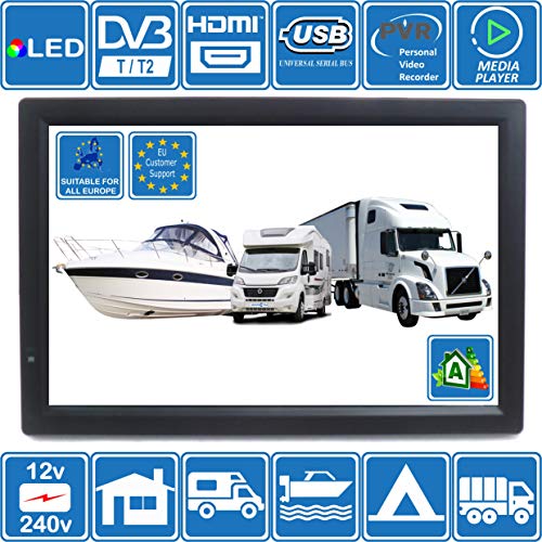 Autocaravana Caravana Barco Cocina 12 voltios 14 Pulgadas LED TV Digital HD DVB-T2. TDT y Toda la televisión de Europa. 12V 230V USB PVR y Reproductor Multimedia, Monitor CCTV HDMI de Unispectra®