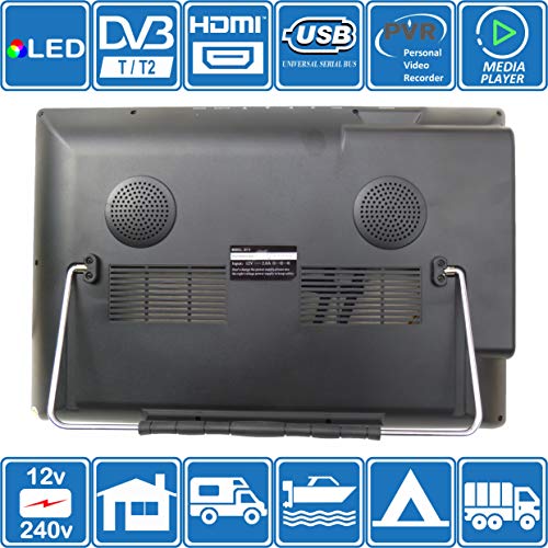 Autocaravana Caravana Barco Cocina 12 voltios 14 Pulgadas LED TV Digital HD DVB-T2. TDT y Toda la televisión de Europa. 12V 230V USB PVR y Reproductor Multimedia, Monitor CCTV HDMI de Unispectra®