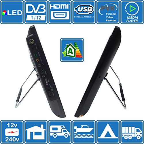 Autocaravana Caravana Barco Cocina 12 voltios 14 Pulgadas LED TV Digital HD DVB-T2. TDT y Toda la televisión de Europa. 12V 230V USB PVR y Reproductor Multimedia, Monitor CCTV HDMI de Unispectra®