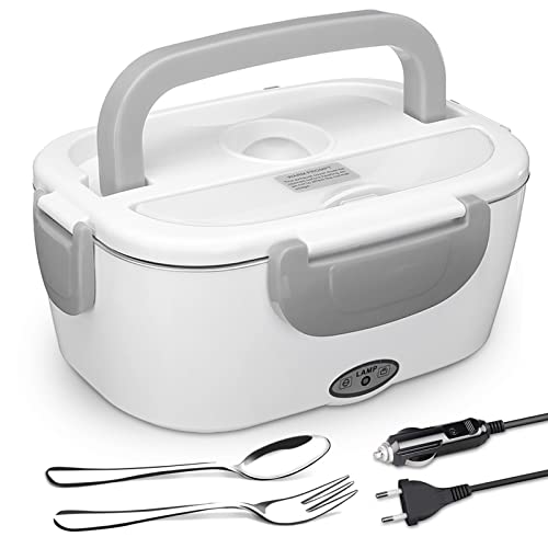 AUTOPkio Fiambrera eléctrica Comida térmico 12V 24V 220V 40W, 1.5L Lunch Box Fiambreras bento Uso en Coche eléctrica con Bandeja extraíble Acero Inoxidable Recipiente de Comida térmico (Gris)