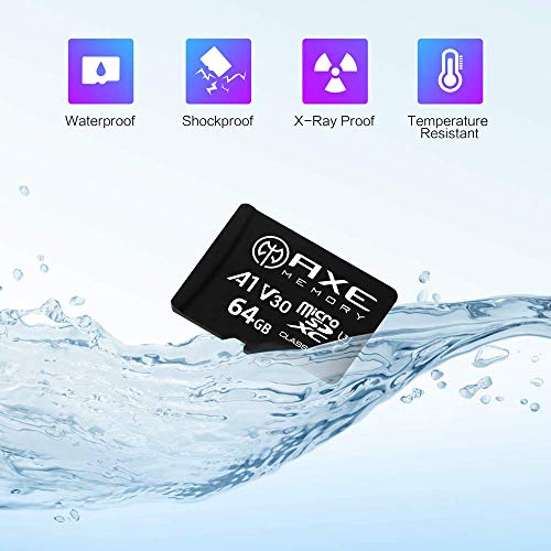 AXE Tarjeta de memoria microSDXC de 64 GB + adaptador SD con rendimiento de aplicación A1, V30 UHS-I U3 4K