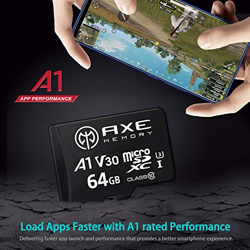 AXE Tarjeta de memoria microSDXC de 64 GB + adaptador SD con rendimiento de aplicación A1, V30 UHS-I U3 4K