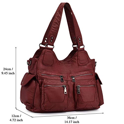 BAIGIO Bolsos de Mujer Bolso de Hombro de Cuero PU Lavadas Suaves para Mujer Gran Capacidad Bolso de Mano con Multitud de Bolsillos con Cremalleras (Rojo)