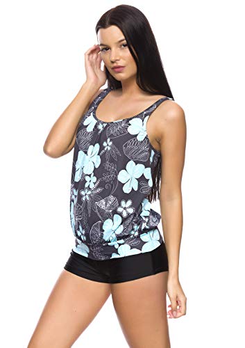 Bañador refinado con aspecto extragrande, estilo Tankini, talla 36-62 F5549 Tankini gris con flores, pantalones cortos negros G(1047). 0