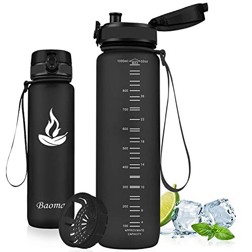 Baomay Botella de Agua Deportiva 750ml, Adultos/Niños Bottle con Filtro, Bidon de Bebidas Plástico Tritan, para Gimnasio, Ciclismo, Trekking | Sin-BPA & Impermeable & Reutilizable (Negro)