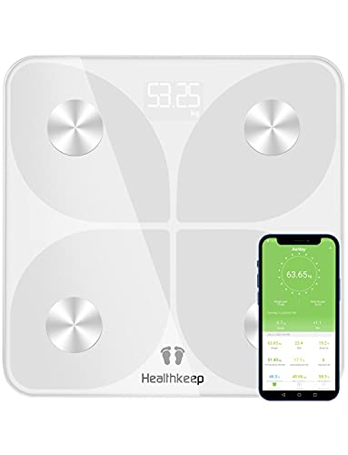 Báscula Grasa Corporal Báscula de Baño Digital, Balanza Bluetooth Inteligente con Análisis de 13 Funciones, Báscula Electrónica Monitores con App para Peso Corporal, Grasa Crporal, IMC, BMR (Blanco)