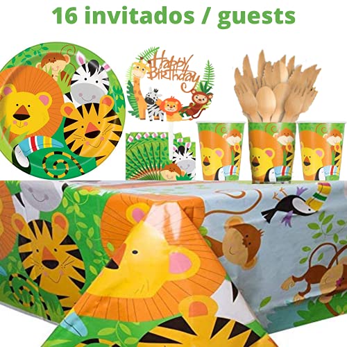 Bea's Party Decoracion Fiesta cumpleaños niño Safari Party Safari Decoracion cumpleaños Selva Safari Globos Animales de la Selva vajilla Mantel servilletas Pancarta Safari Bosque Animal