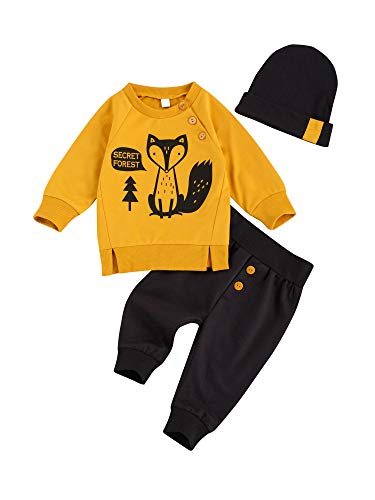 Bebé Chándal 3 Piezas Conjunto de Ropa para Recién Nacido Traje Sudadera de Manga Larga y Estampado de Zorro + Pantalones Largos + Sombrero Ropa de Otoño Invierno para Niños (Amarillo, 0-6 Meses)