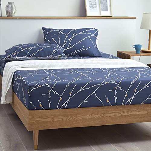 Bedsure Sabanas 135 x 190 - Juego Sábanas 135x190 4 Piezas Estampada con Bajera Cama 135 Ajustable, Encimera 135x200 y 2 Fundas de Almohada 50x80cm, Azul Marino