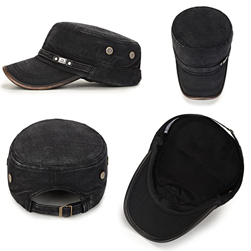 behone Gorras de Hombre Plana, Gorras de Béisbol, Clasico Militares Al Aire Libre Sombrero Sólido del Sol, Ajustable Algodón Sombrero Cabeza Gorras de Militar Plana, Negro