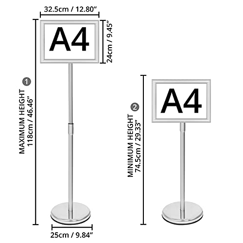 Belle Vous Expositores de Pie A4 Plateado – Soporte para Poster de Aluminio de Pedestal – Marco para Vista en Vertical y Horizontal - Atril Ajustable para Bodas, Exhibiciones, Tiendas y Restaurantes