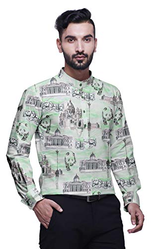 BESTMAN Impreso para Hombre Corto Kurta Indio Collar del mandarín Camisas Vestimenta Verde Menta