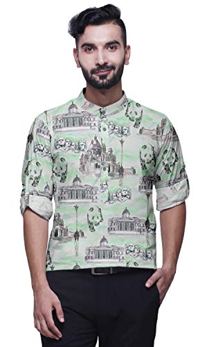 BESTMAN Impreso para Hombre Corto Kurta Indio Collar del mandarín Camisas Vestimenta Verde Menta