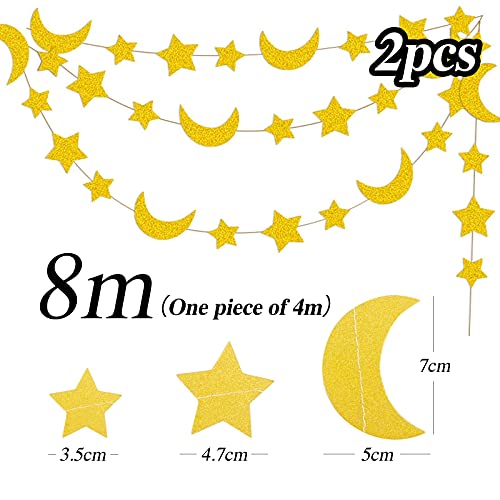 BETESSIN 8 Metros Guirnaldas Papel Luna y Estrella Dorado Adorno Eid Mubarak Decoración Colgar Pancarta para Festivo Ramadán Eid Al-Fitr Eid al-Adha Fiesta de Cumpleaños Bodas Bautizo