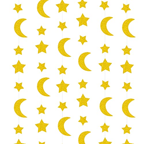 BETESSIN 8 Metros Guirnaldas Papel Luna y Estrella Dorado Adorno Eid Mubarak Decoración Colgar Pancarta para Festivo Ramadán Eid Al-Fitr Eid al-Adha Fiesta de Cumpleaños Bodas Bautizo