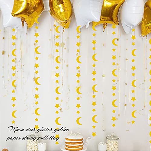 BETESSIN 8 Metros Guirnaldas Papel Luna y Estrella Dorado Adorno Eid Mubarak Decoración Colgar Pancarta para Festivo Ramadán Eid Al-Fitr Eid al-Adha Fiesta de Cumpleaños Bodas Bautizo