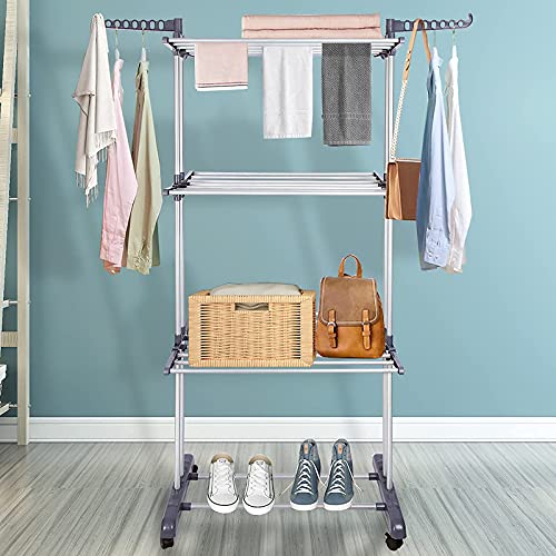 Bigzzia Clothes Drying Rack - Tendedero de 3 Piezas colapsible, Enrollable, con Ganchos para Interior