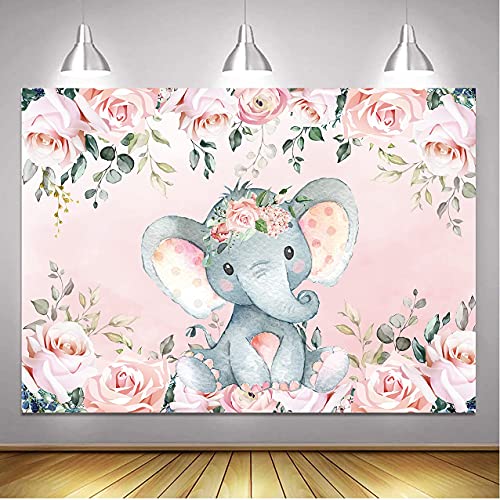 BINQOO 2,1 x 1,5 m lindo bebé elefante telón de fondo para baby shower rosa floral es una niña recién nacida fiesta fotografía fondo bebé niñas niño cumpleaños