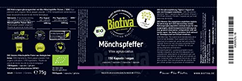 Biotiva Cápsulas de sauce gatillo orgánico - 150 cápsulas - 400 mg - vitex agnus-castus de colección silvestre - sin aditivos - manufacturado y verificado en Alemania (DE-ÖKO-005)