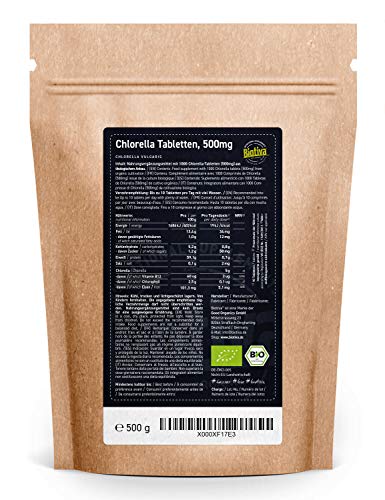 Biotiva Pastillas de chlorella orgánica - 500 g - 1000 comprimidos - 100% pura - comprimidos veganos de alga chlorella - llenada y verificada en Alemania (DE-ÖKO-005)