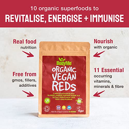 BodyMe Orgánico Vegano Rojo Polvo | 270g | Super Reds Mezcla | Con Arándano Arándano Rojo Frambuesa Rosa Mosqueta Açaí Remolacha Inulina Prebiótica Algarrobo Seta Reishi Reta Chaga