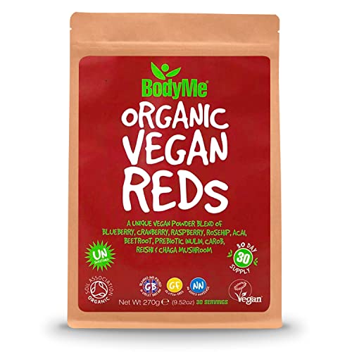 BodyMe Orgánico Vegano Rojo Polvo | 270g | Super Reds Mezcla | Con Arándano Arándano Rojo Frambuesa Rosa Mosqueta Açaí Remolacha Inulina Prebiótica Algarrobo Seta Reishi Reta Chaga