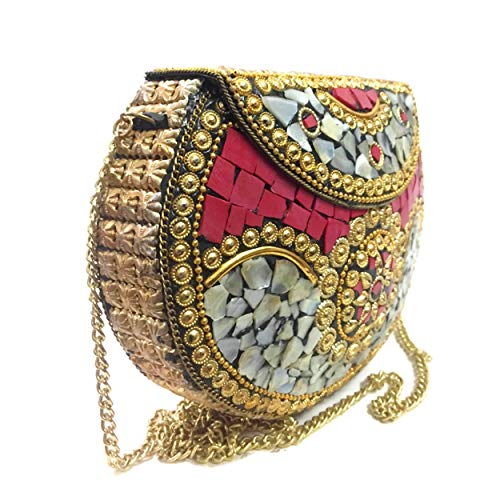 Bolsa de concha roja embrague de metal Bolso de metal étnico indio Bolsa de embrague de mosaico Monedero antiguo Bolso de fiesta para mujer Caja de boda Bolso de novia