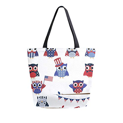 Bolsa de lona con diseño de búho americano para la compra, lavable, reutilizable, bolsa para comestibles, compras, viajes, picnic, escuela