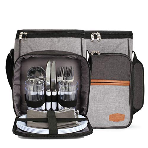 Bolsa de picnic con vajilla para 4 personas – Set de picnic con bolsa refrigeradora muchos accesorios – Bolsa de almuerzo aislante con correa acolchada – Bolsa térmica para picnic y viajes