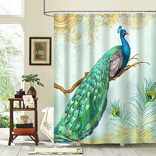 Bonhause Cortina de Ducha Pavo Real Pluma de Pavo Real Azul y Verde Cortina de Baño de Poliéster Impermeable Antimoho Cortina Ducha con 12 Ganchos 180 x 180 cm