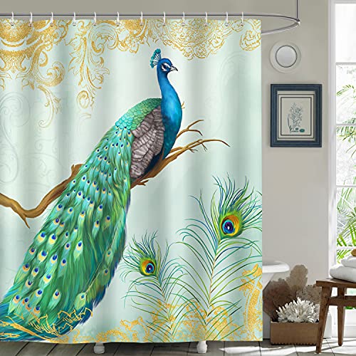 Bonhause Cortina de Ducha Pavo Real Pluma de Pavo Real Azul y Verde Cortina de Baño de Poliéster Impermeable Antimoho Cortina Ducha con 12 Ganchos 180 x 180 cm