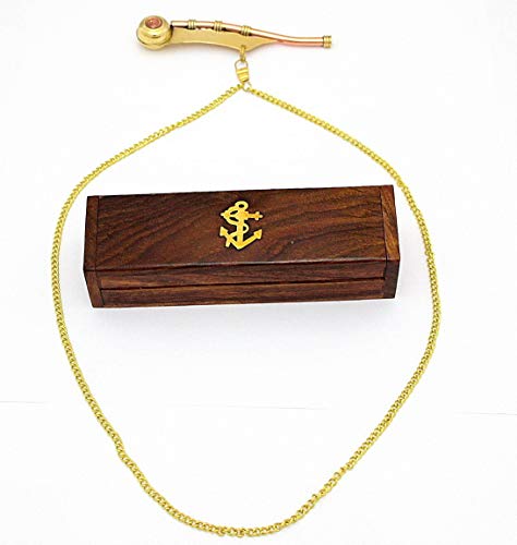 Bosun's Pipe - Silbato de Boatswain de cobre y latón con cadena y caja de madera