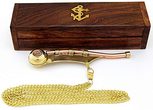 Bosun's Pipe - Silbato de Boatswain de cobre y latón con cadena y caja de madera