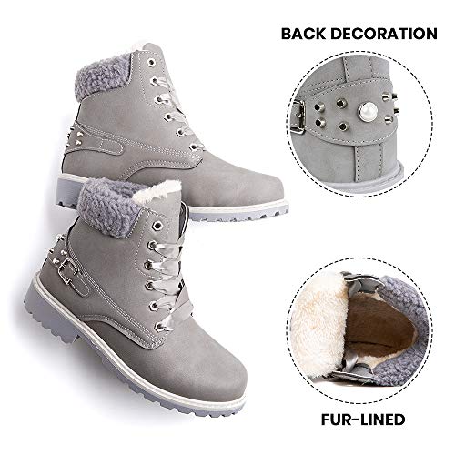 Botas Mujer Invierno Botas de Nieve Cálido Zapatos Botines Forradas Planas Snow Boots Antideslizante Calzado Comodos Cordones Gris-1 42 EU