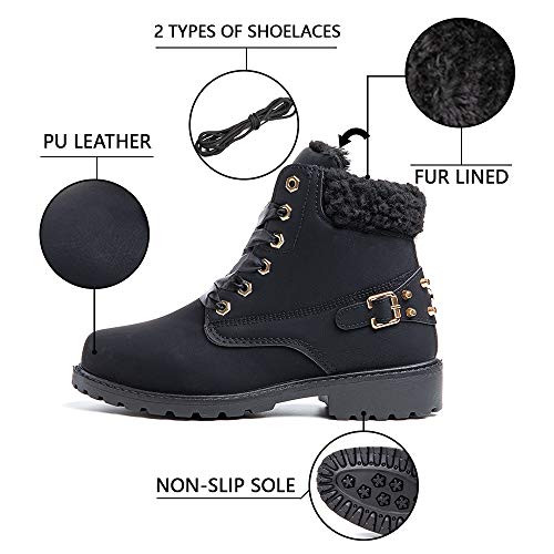 Botas Mujer Invierno Nieve de Cuero PU Zapatos Planas Calentar Piel Forro Cordones Botas Senderismo Snow Boots Outdoor Negro 42 EU