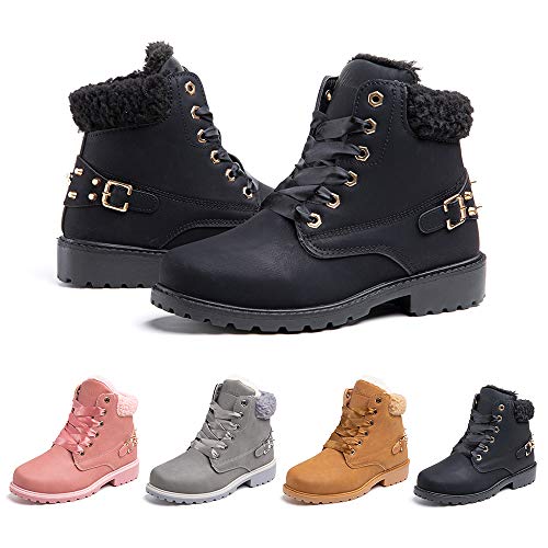 Botas Mujer Invierno Nieve de Cuero PU Zapatos Planas Calentar Piel Forro Cordones Botas Senderismo Snow Boots Outdoor Negro 42 EU