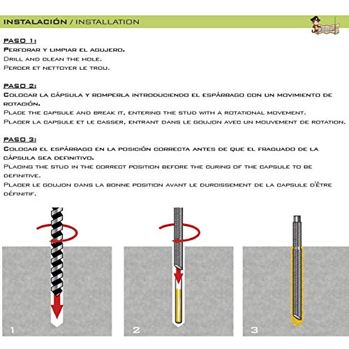 BricoLoco Kit Taco químico monodosis con espárrago varilla, tuerca y arandela. Cápsula química para anclaje en hormigón, piedra, hierro, suelo, techo, pared,… (1, M-8x110)