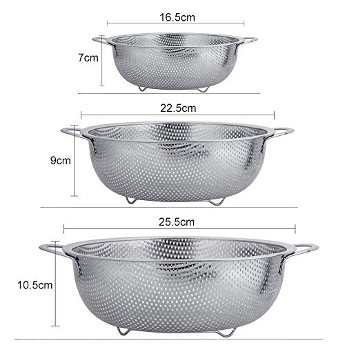 BUZIFU Coladores de Cocina Acero Inoxidable Microperforado con Asas y Base, Juego de 3 Escurridores para Pasta y Arroz, para Lavar Frutas Verduras Carnes Pescados, Fácil de Apilar(16,5/22,5/25,5 cm)