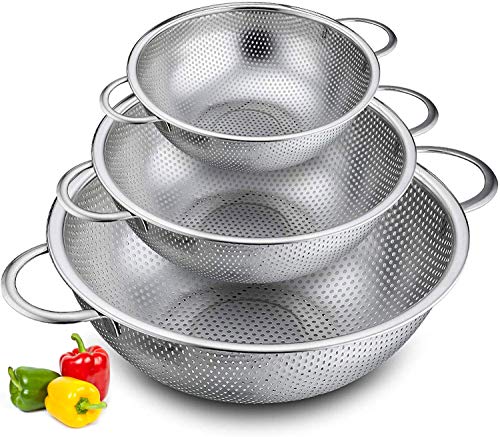 BUZIFU Coladores de Cocina Acero Inoxidable Microperforado con Asas y Base, Juego de 3 Escurridores para Pasta y Arroz, para Lavar Frutas Verduras Carnes Pescados, Fácil de Apilar(16,5/22,5/25,5 cm)