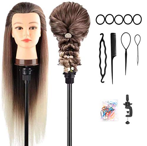 Cabeza maniquí, DanseeMeibr 66cm cabeza peluqueria Practicas Formación de la Cosmetología para trenza 100% de cabello sintéticas, cabeza de muñeca con Soporte de Mesa + Accesorios de Peinado