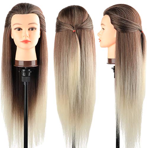 Cabeza maniquí, DanseeMeibr 66cm cabeza peluqueria Practicas Formación de la Cosmetología para trenza 100% de cabello sintéticas, cabeza de muñeca con Soporte de Mesa + Accesorios de Peinado