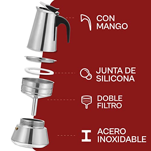 Cafetera Italiana para 6 Tazas - Con Pincel de Limpieza y Cuchara Dosificadora - Apta para Inducción - Acero Inoxidable