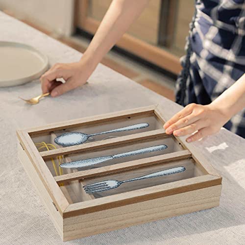 Caja de cubiertos con tapa, de madera, con 4 compartimentos, para cocina, rústica, organizador de madera, cuchara, tenedor, cuchillo, palillos, palillos, estilo rústico