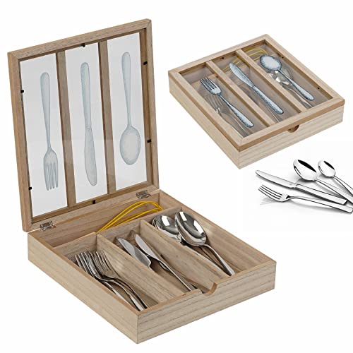 Caja de cubiertos con tapa, de madera, con 4 compartimentos, para cocina, rústica, organizador de madera, cuchara, tenedor, cuchillo, palillos, palillos, estilo rústico