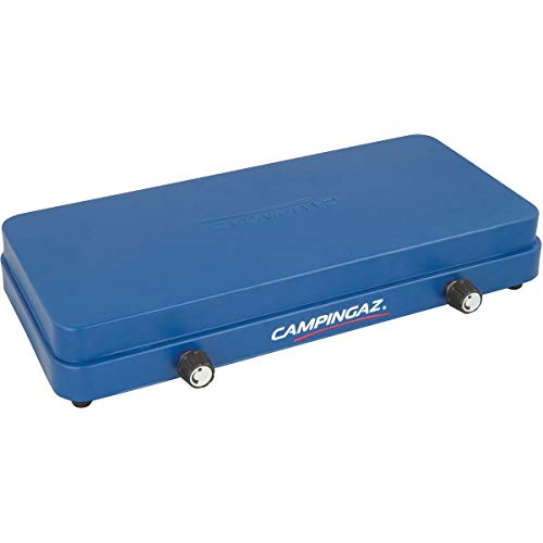 Camingaz, Base Camp Lid, Hornillo de camping compacto con tapa Posibilidades de cocción variadas con 2 placas, hornillo de gas de 2 llamas de potencia 2 x 1,600 W para camping o festivales, color azul