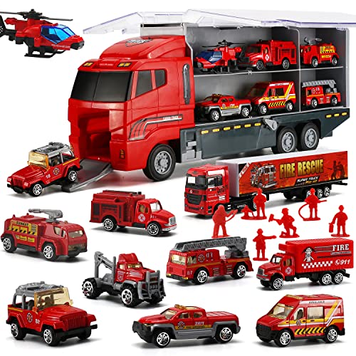 Camión de bomberos fundido a presión 19 en 1, mini coche de juguete fundido a presión, vehículos de camión de bomberos en camión portador con juego de juguete de bombero, regalo para niños, niños