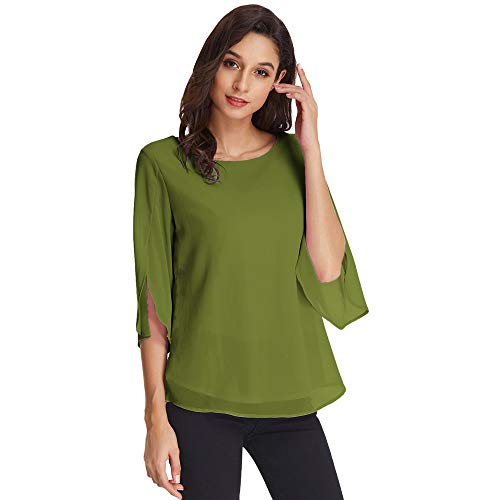 Camisa de Mujer Elegante Gasa Casual Color Puro Blusa Blusa Camisetas de NiñA Elegante 3/4 Color SóLido para El Verano Primavera Verde L CLAF15-7