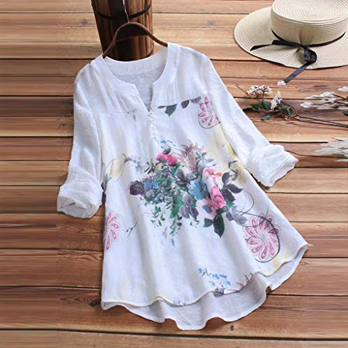 Camisetas Mujer Manga Larga SHOBDW 2019 Nuevo Cuello en V Tops de Túnica Blusas Suelto Estampado Floral Pullover Sexy Casual Verano Camisetas Mujer Tallas Grandes M-5XL(Blanco,M)